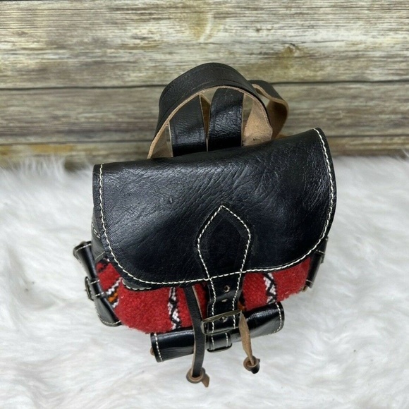 Red Kilim Tapestry Wool Fabric Black Leather Trim Drawstring Small Mini Backpack main image 7